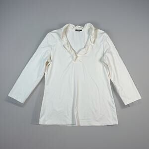 J McLaughlin Ivory Collared V Neck Ruffled Top Blouse 3/4 Sleeve Stretch Size M